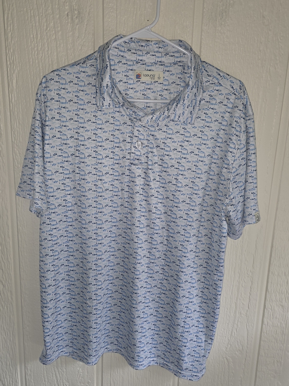 Men's Light Blue Polo with Navy Fish Print by Laguna Swim, Size Large